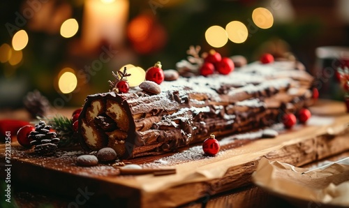 christmas log, traditional christmas cake, buche de noel, chocolate, pastry, decorated with christmas themed elements, family meal anqd tradition, light and christmas tree, Generative AI