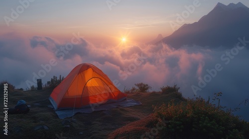 Camping tent of a hiker at beautiful Himalaya area in the misty morning sunrise.