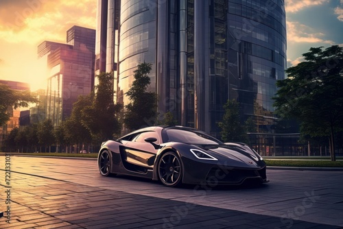 Racing Car or Sports Car in a Modern City. Futuristic Concept