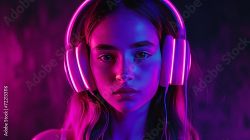 Beautiful woman in futuristic costume over dark background. Violet neon light. Portrait of young girl in modern headphones listening music.   
