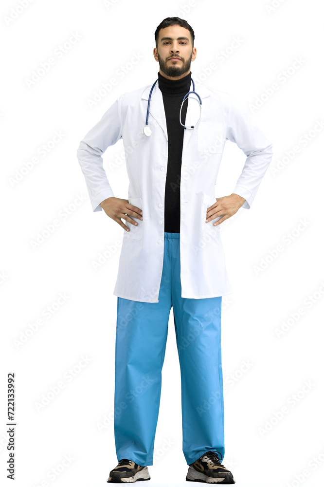 Doctor, full-length, on a white background, hands on hips