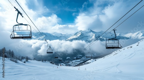 winter mountains ski lifts, french alpes landscape, middle view , generated with AI