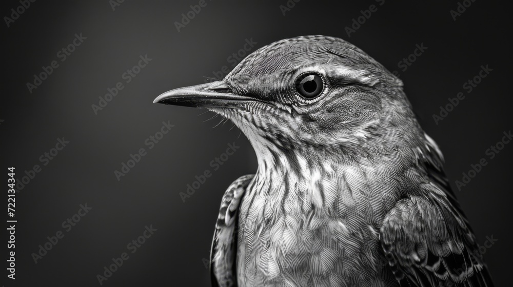 Fototapeta premium A macro portrait of a Mockingbird, capturing the intricate patterns and the striking details of its feathers, generated with AI