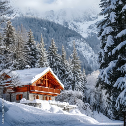 Ski chalet in the snowy forest moutains , generated with AI © sch_ai