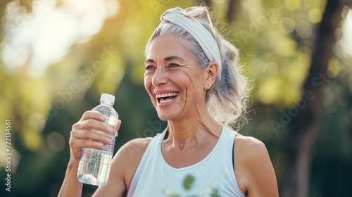 Dancing retired woman with gray hair tied above headband smiling satisfied, holding a shaker with water, remembering that hydration is important for the body.   