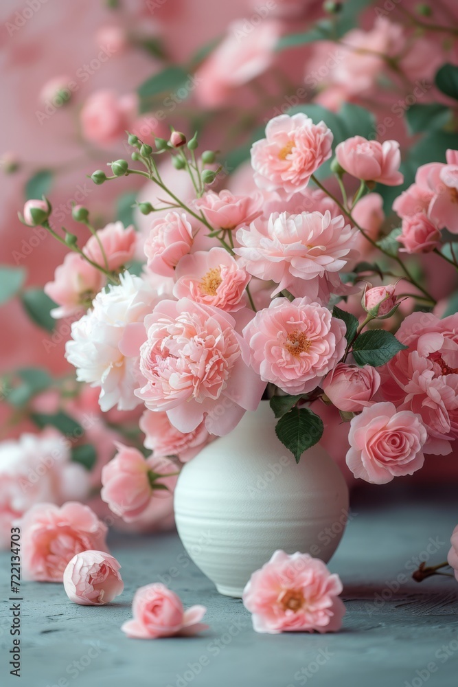 Pink peony and white roses are on a white table in a white vase, generated with AI Pink peony and white roses are on a white table in a white vase, generated with AI