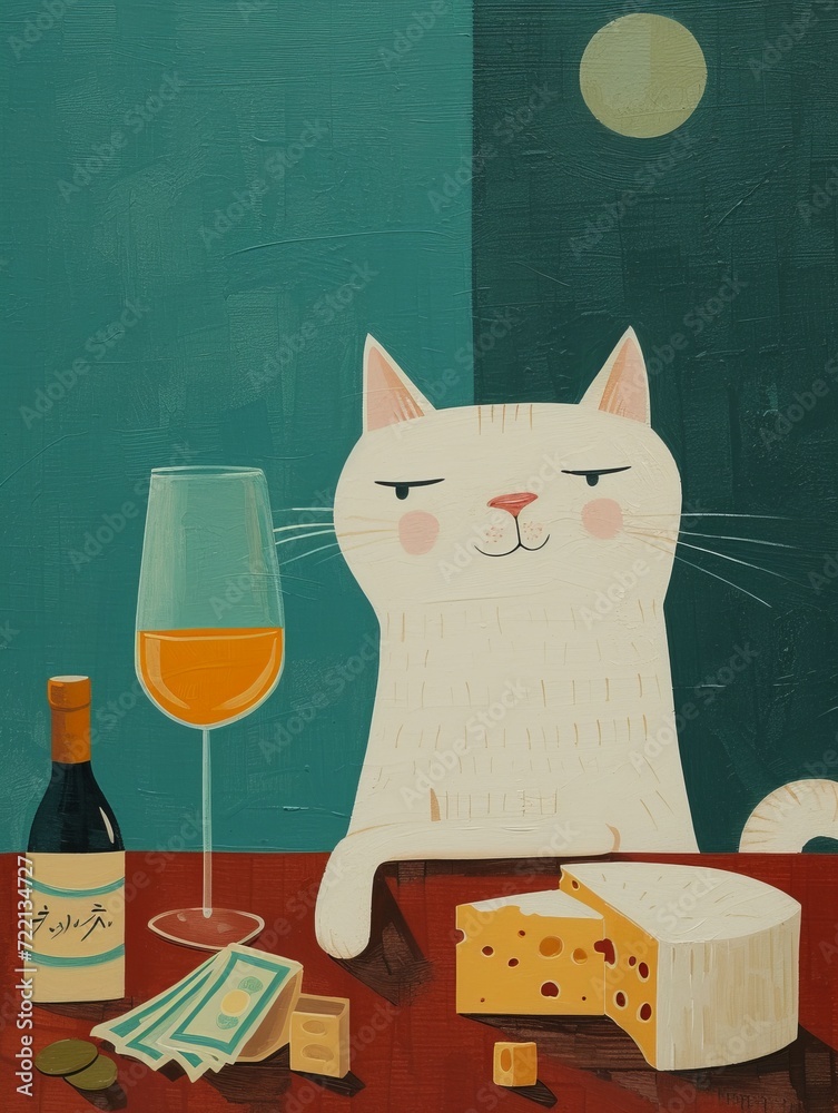a painting showing a elegant cat drinking a glass of wine, with cheese and money on the table, generated with AI