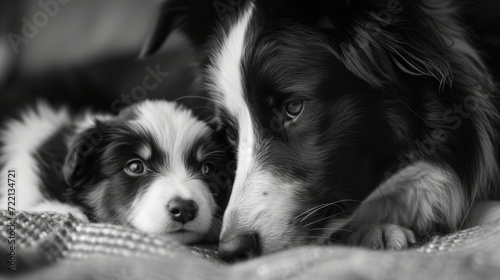 Portrait of adult border collie looking down at puppy, black and white photo, generated with AI