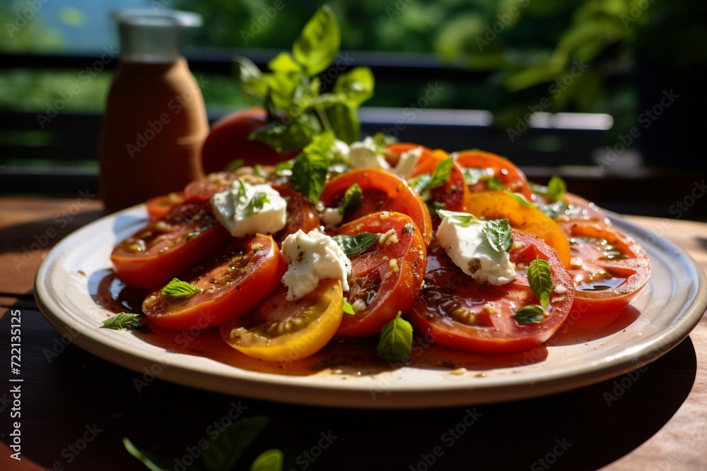 Buffalo Mozzarella: Caprese, Mediterranean, mozzarella, tomatoes, Italy, olive oil, basil, famous lettuce. Very tasty and healthy. Homemade food.