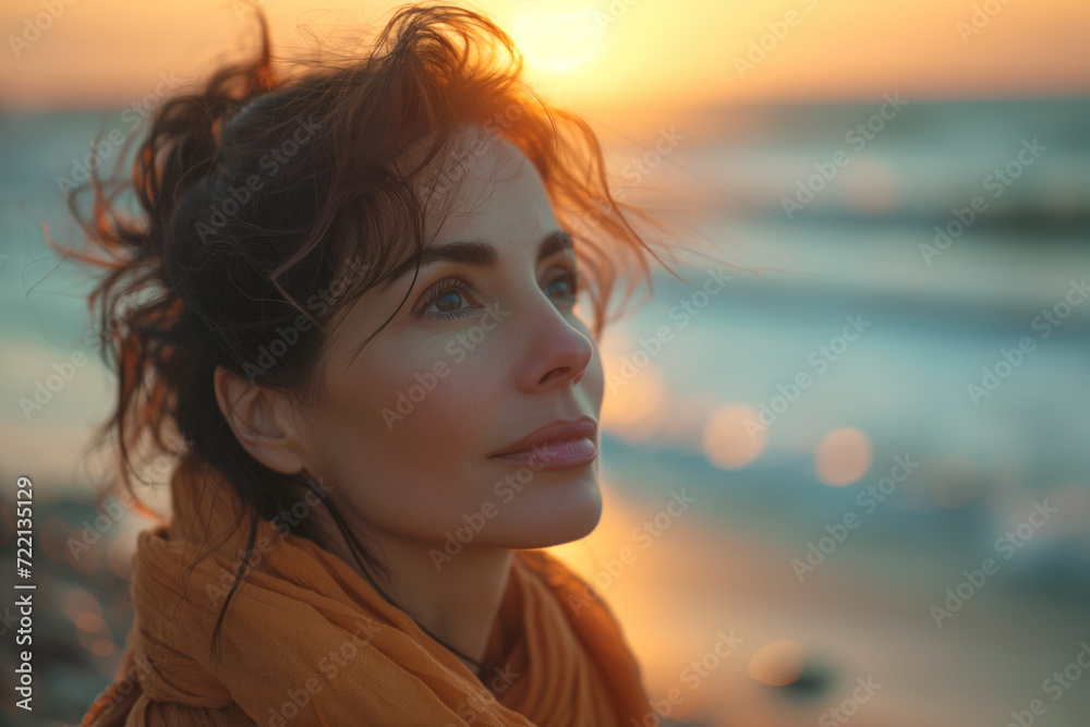 Serene contemplative woman in her forties enjoying a sunset on a pebble beach, with soft focus and warm tones. Created with Generative AI Serene contemplative woman in her forties enjoying a sunset on a pebble beach, with soft focus and warm tones. Created with Generative AI