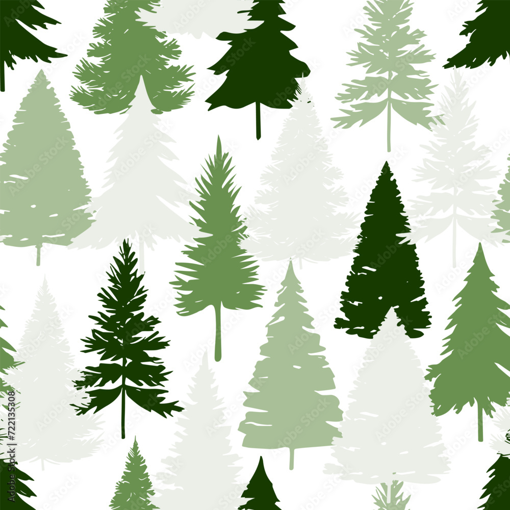 Seamless vector winter forest pattern. Christmas background. Green trees