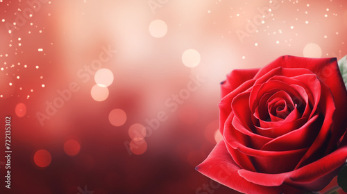 Red rose in romantic background. Valentines Day, wedding day background. Rose petals and hearts Valentine gift boxes. © Imeshi