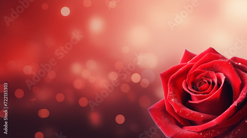 Red rose in romantic background. Valentines Day  wedding day background. Rose petals and hearts Valentine gift boxes.