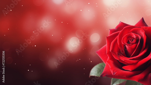 Red rose in romantic background. Valentines Day  wedding day background. Rose petals and hearts Valentine gift boxes.