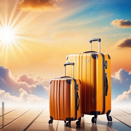 suitcases for luggage at the airport sunrise, clouds, holiday travel concept