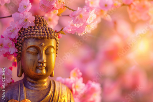 glowing golden buddha with glowing colorful halo around head and lotuses, with cherry blossom in nature background