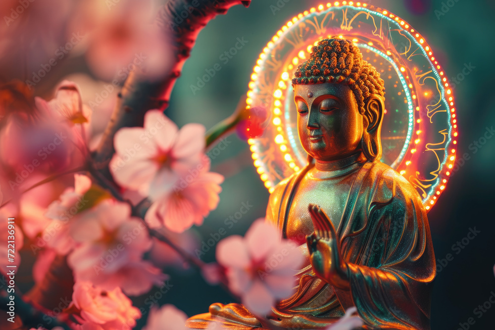 glowing golden buddha with glowing colorful halo around head  and lotuses, with cherry blossom in nature background