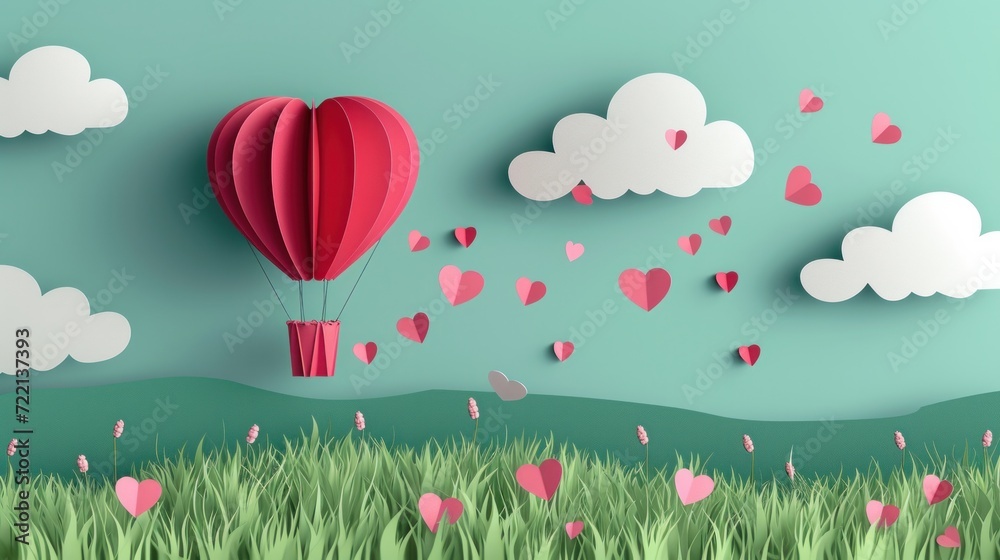 illustration of love and valentine day,Origami made hot air balloon flying over grass with heart float on the sky.paper art and digital craft style.   