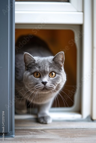 A British gray cat walks through a cat flap, cat hatch installed in a door and looks into the camera