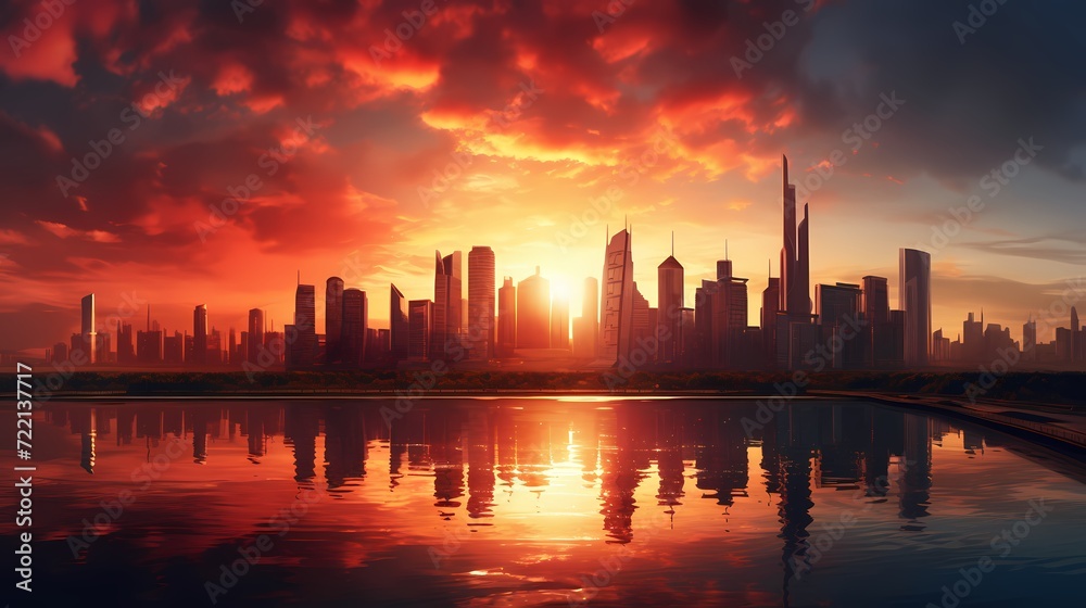 Vibrant sunset over a city skyline, casting warm tones on modern architecture