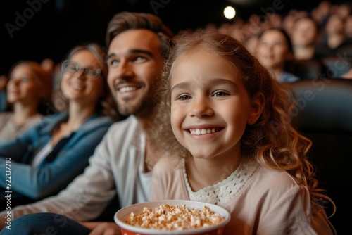 A young joyful couple is with their daughter in the cinema  watching an exciting movie. 