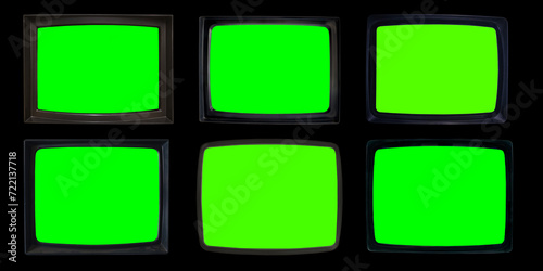 Six retro television with chroma key green screen for designer on black background. TV screen frame in dark room with clipping path