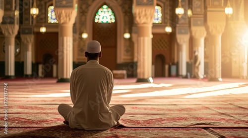 a muslim man praying inside a mosque