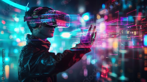 Metaverse digital cyber world technology, man with virtual reality VR goggle playing AR augmented reality game and entertainment, NFT game futuristic lifestyle 3d illustration 