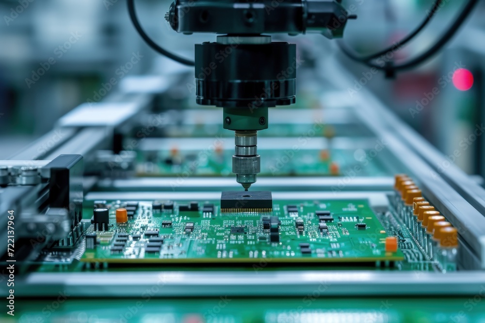 Advanced High Precision Robot Arm inside Factory. Electronic Devices Production Industry. Advanced High Precision Robot Arm inside Factory. Electronic Devices Production Industry.
