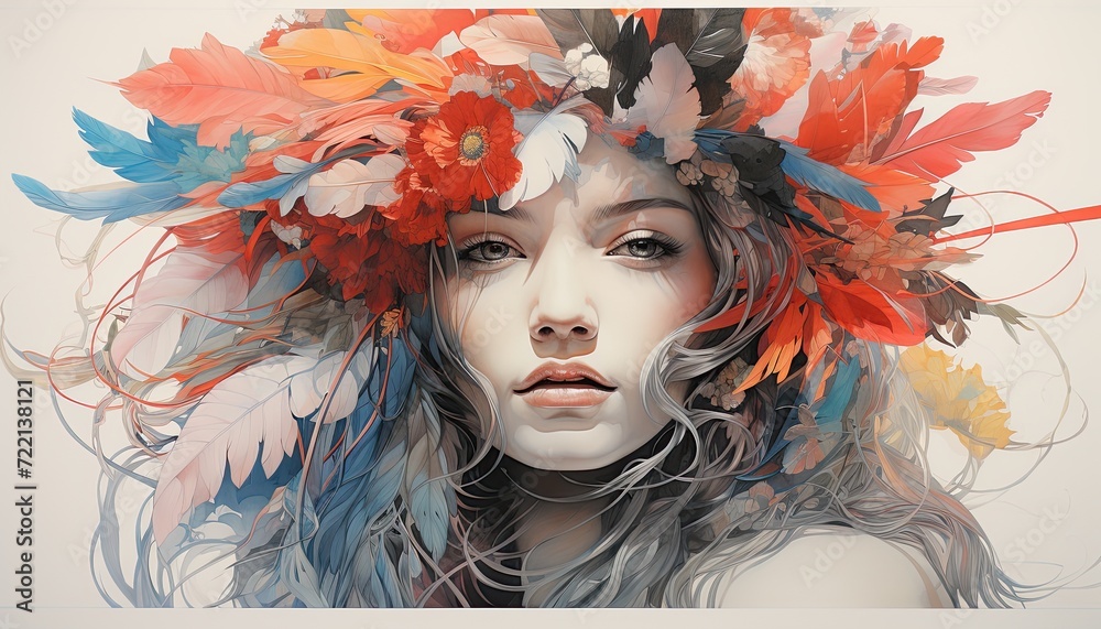 Portrait of a beautiful woman with feathers in her hair. The face of a girl with narrowed eyes and slightly open mouth