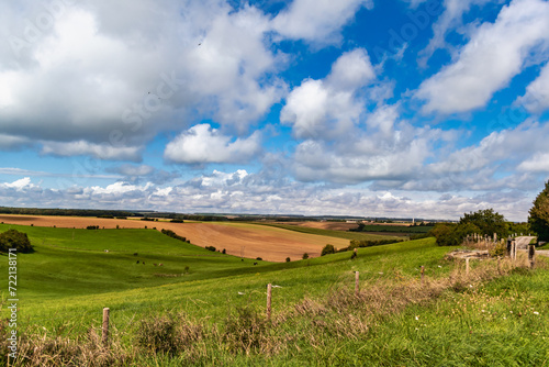 Beautiful hilly french countryside landscape  meadow  field  horizon and sky