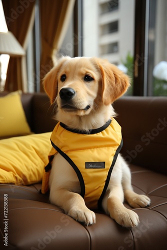 Puppy in yellow raincoat lounges on leather couch, looking up with soft eyes