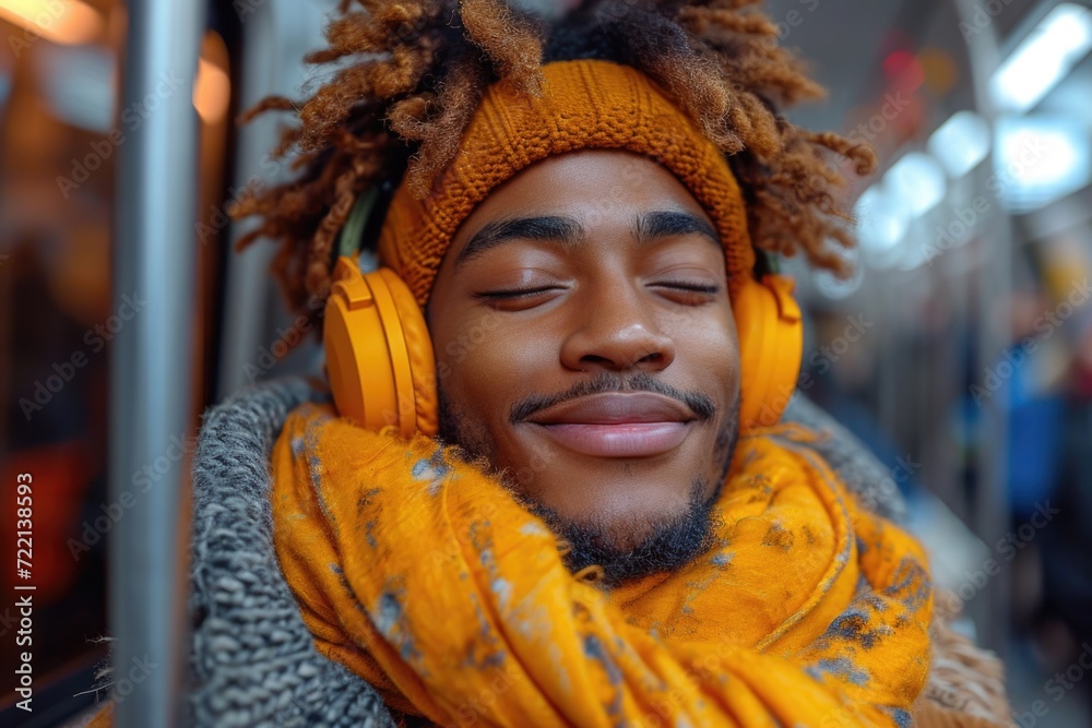 happy handsome African American man listening to music in headphones in subway train