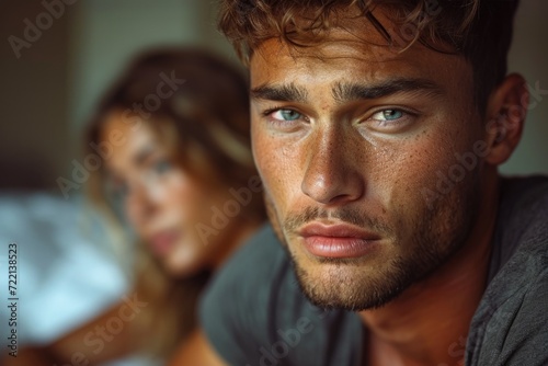 handsome model man, perfect skin, sadly sitting on the edge of the bed, looking down, in the background a woman is looking at him