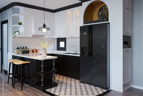 White and black chic furnishings in an open kitchen.