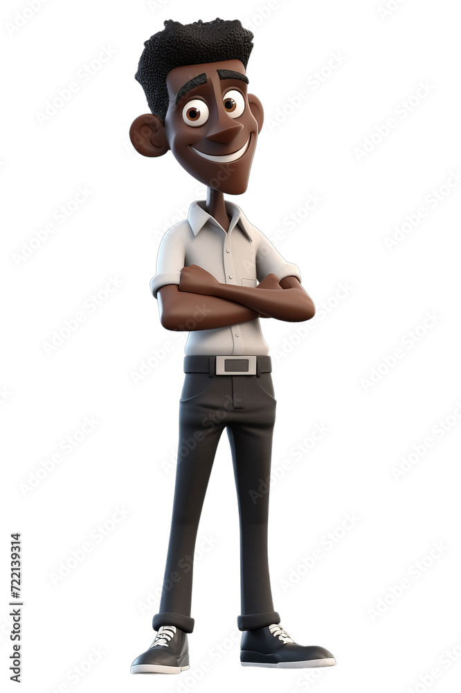Cartoon portrait of a black man with his arms crossed on a transparent background, Generative AI