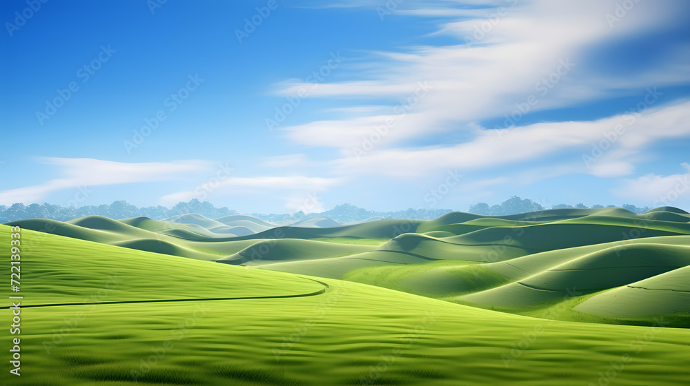 Amazing landscape green grass on the hills and blue sky