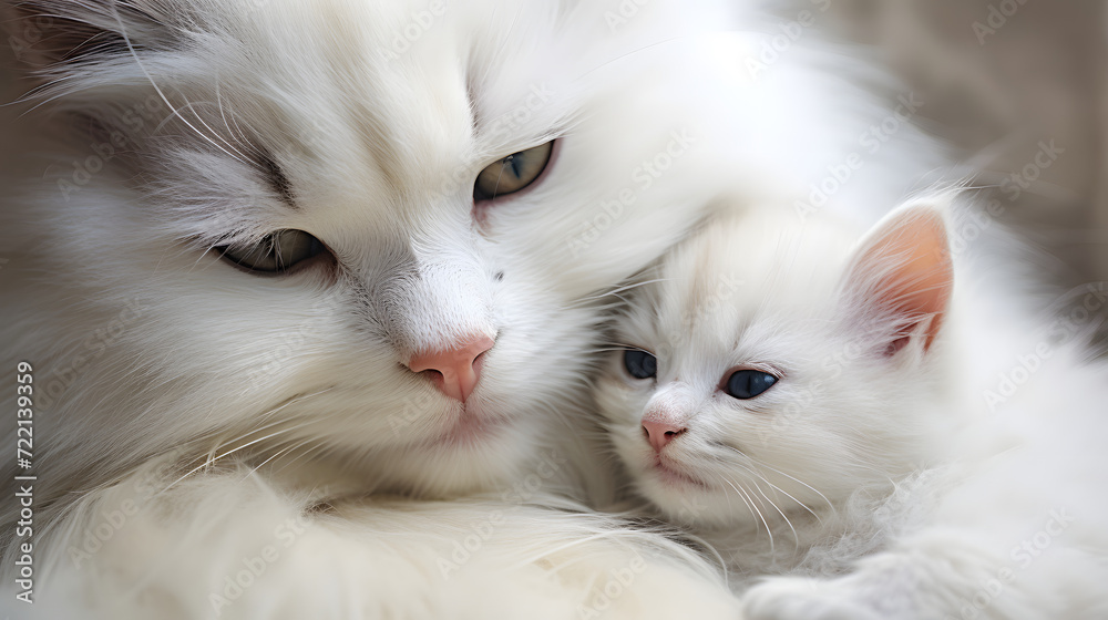A white cat mom with her kitten, close-up