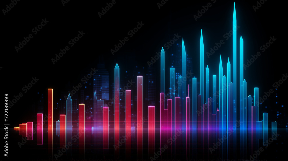 sound wave background, Financial neon rising graph and chart with lines and numbers front view, Ai generated image