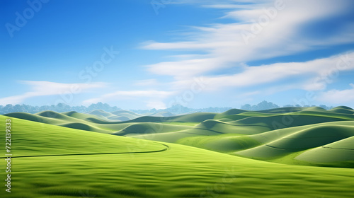 Amazing landscape green grass on the hills and blue sky