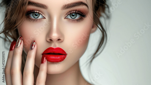 Beautiful girl with an unusual hairstyle, bright makeup, red lips and manicure design. Facial beauty.