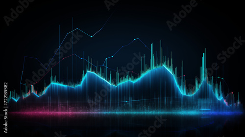 heart beat graph, sound wave background, Financial neon rising graph and chart with lines and numbers front view, Ai generated image