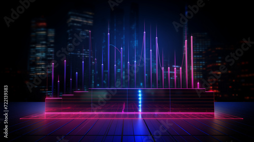 digital background, sound wave background, Financial neon rising graph and chart with lines and numbers front view, Ai generated image