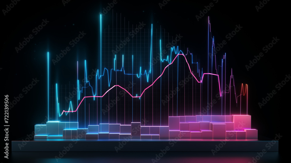 market graphs, abstract background with lines, Financial neon rising graph and chart with lines and numbers front view, Ai generated image