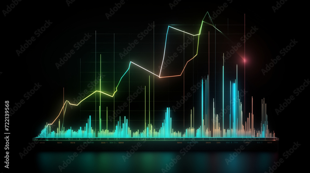 Naklejka premium graph on black, Financial neon rising graph and chart with lines and numbers front view, Ai generated image