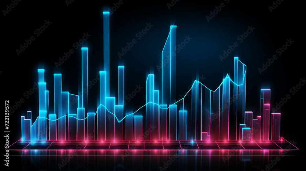 background, Financial neon rising graph and chart with lines and numbers front view, Ai generated image
