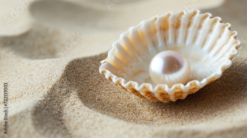 Shell with a pearl on sand copy space
