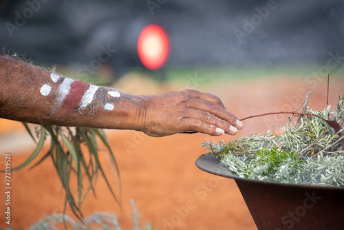 Human hand with green branch of eucalyptus for the smoke ritual welcome rite at a indigenous community event in Australia