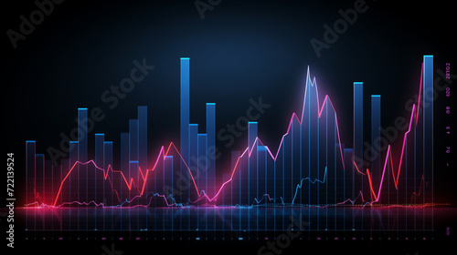 black background, Financial neon rising graph and chart with lines and numbers front view, Ai generated image