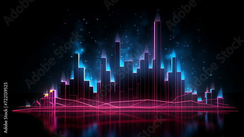 background with lights, Financial neon rising graph and chart with lines and numbers front view, Ai generated image